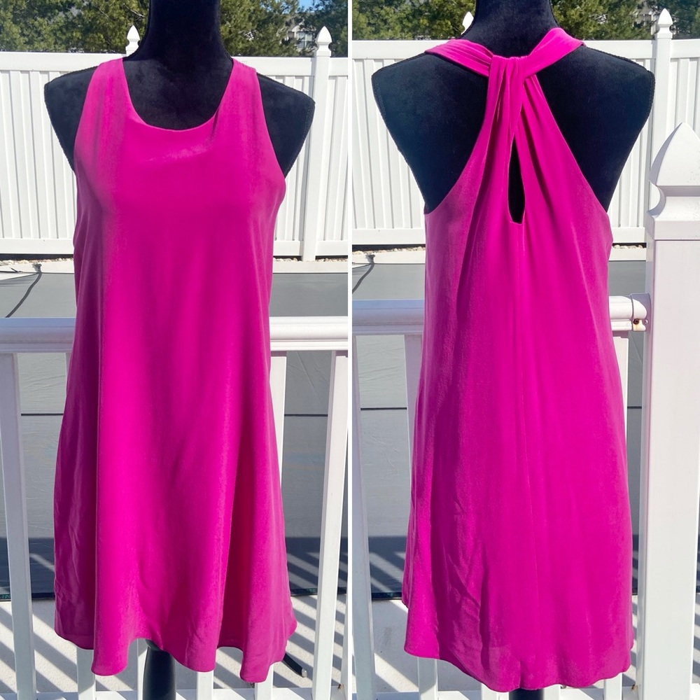 Cynthia Rowley Dress Fuchsia Pink 100% Silk Cross Back Shift Dress Size 6